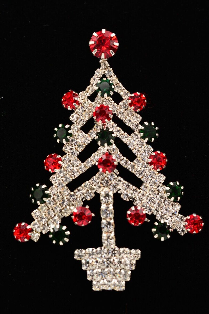 Vintage Christmas Tree Pin Brooch Prong Rhinestone Crystal Green Red Silver BinJ